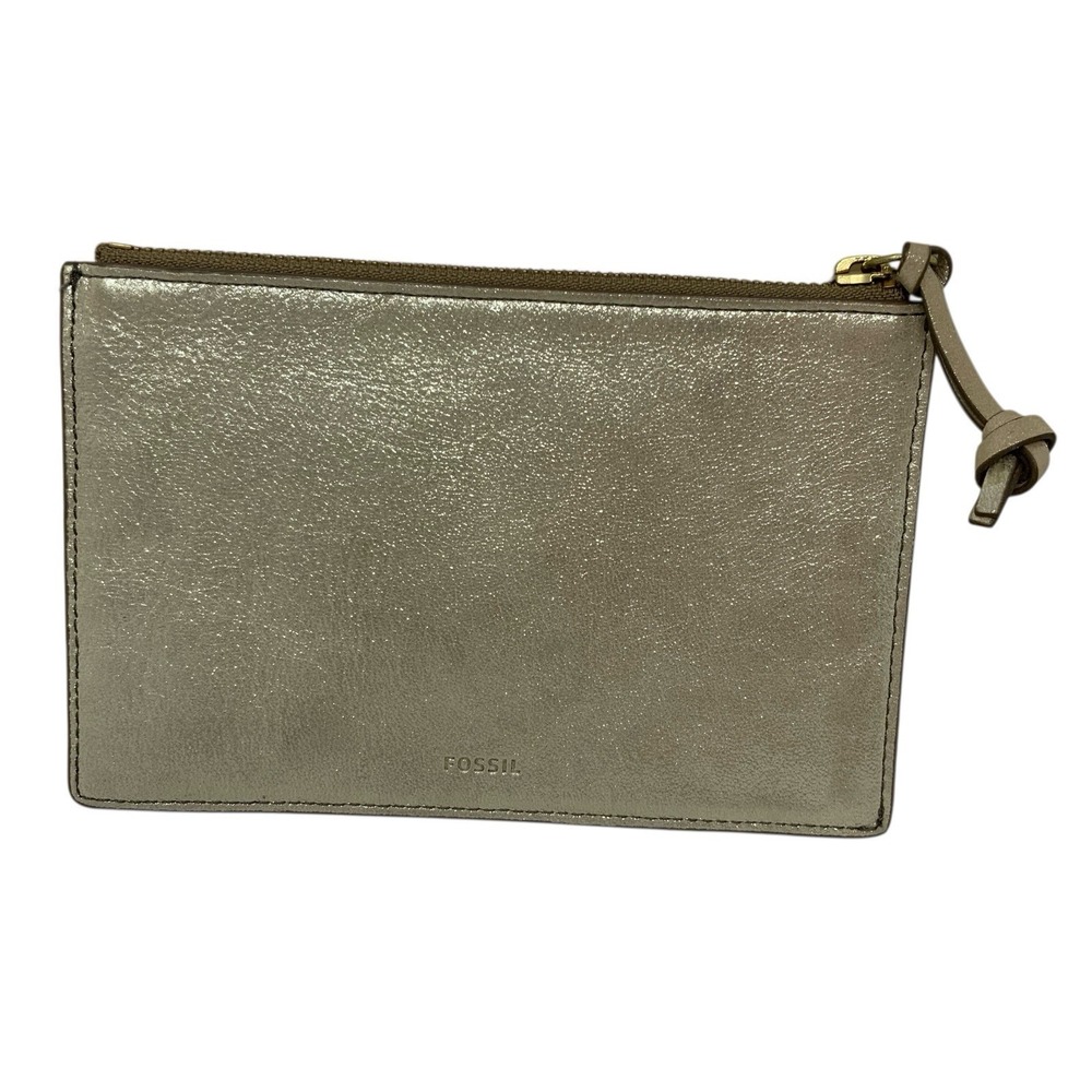 Fossil Leather Clutch Zipper Pouch Metallic Gold Slimline Classic Minimalist